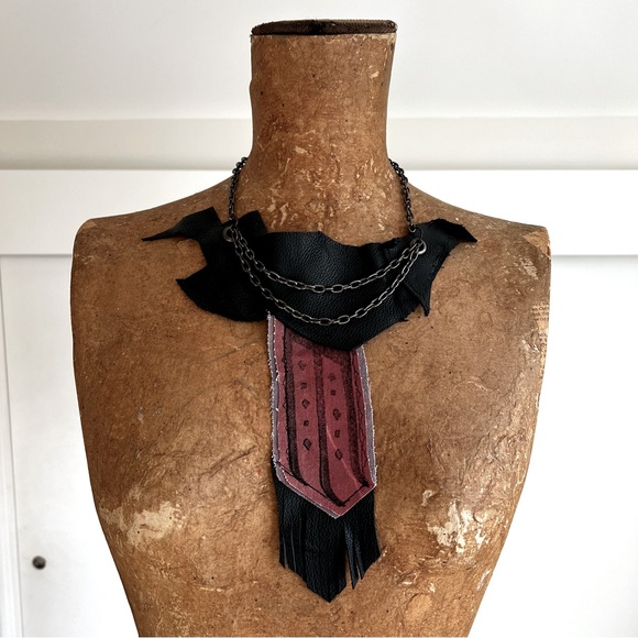 Statement textile necklace hand printed, leather OOAK festival wear - Picture 1 of 5
